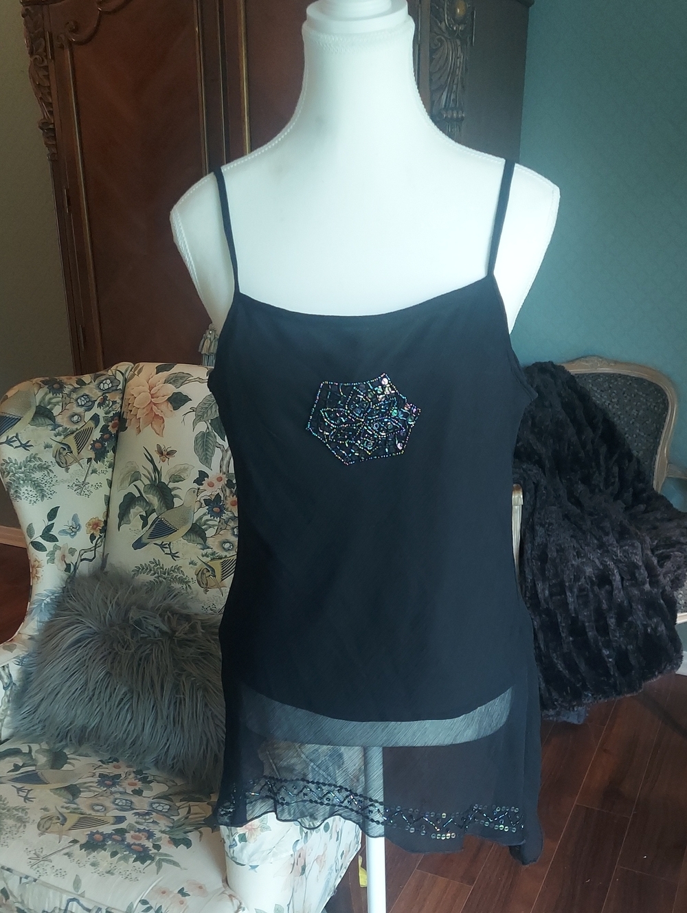 Black Beaded Spaghetti-Strap Camisole